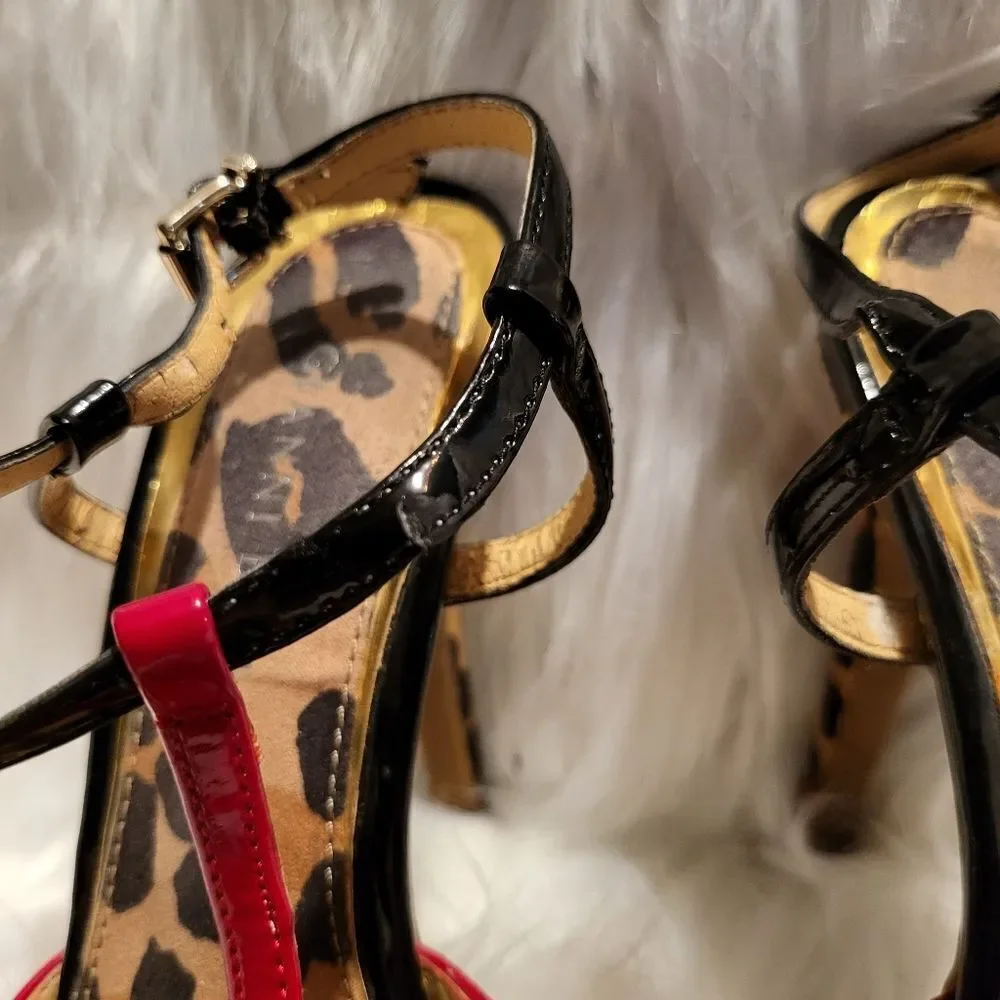 Gianni Bini Leopard Print Heels Red Patent Leather Straps Size 7.5M